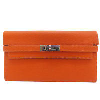 【二手名牌BRAND OFF】HERMES 愛馬仕【再降價】橘色 Epson牛皮 Kelly 凱莉 長夾 口R刻 銀扣