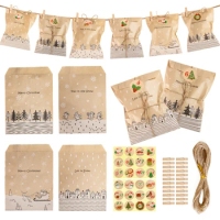 24Sets Vintage Kraft Paper Bags Santa Claus Elk Merry Christmas Gift Bags Xmas Party Favor Bags Candy Cookie Packaging Supplies