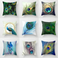 【IN stock pillowcase】 Peacock feather series ethnic style throw pillow cover with short plush print 