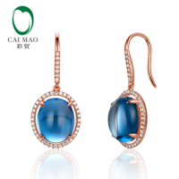 Caimao 14K Rose Gold Natural 10.50ct Cabochon Cut Blue Topaz Diamond Drop Earrings