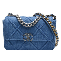 CHANEL香奈兒 19系列經典雙C LOGO菱格紋牛仔布轉釦金銀雙色鍊帶手提/肩背包(小-淺藍)