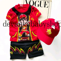 BAJU SETELAN ANAK BOBOIBOY KUASA API  BAHAN BAGUS MURAH BISA PAKAI TOPI UNTUK UMUR 1-10TAHUN