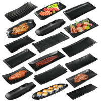 雨然密胺餐具日式壽司盤子火鍋店烤肉牛肉盤平盤塑料黑色蔬菜拼盤