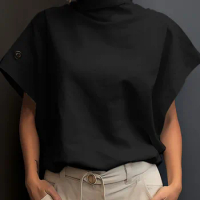 Women Fashion OL Work Shirt 2024 ZANZEA Summer Elegant Turtleneck Short Sleeve Blouse Casual Loose Office Tops Party Blusas