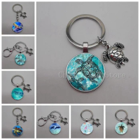 Marine life jewelry turtle dolphin shell keychain key ring glass convex round keychain charm turtle pendant Christmas gift
