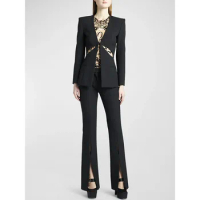 Tesco Fashion Women's Suit Hollow Out V-Neck Blazer Slit Pants Sets Chic Elegant Female Set Slim Clothes For Party ropa de mujer