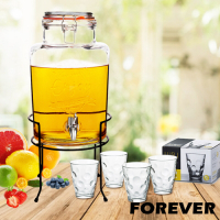 日本FOREVER 夏天必備派對玻璃果汁飲料桶(含桶架)5L贈玻璃水杯四件套組