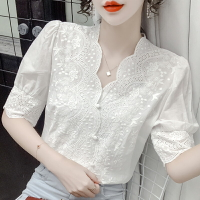 白色襯衫女秋裝年新款v領勾花鏤空蕾絲衫小香風刺繡棉麻上衣
