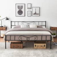 King Size Bed Frame with Headboard and Footboard, Metal Bed Mattress Foundation, King Bed Frame with Storage