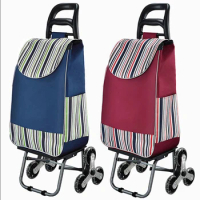 Portable Shopping Cart Trolley Shopping Storage Bag with Wheels Folding Bearing Sturdy Stair Climbable Grocery Navy Blue Cart