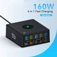 160W 5 Port USB Charger Staion 15W Wireless Charging Fast Charger USB-C PD 65W Quick Charger for IPhone 15 14 13 Samsung Laptop