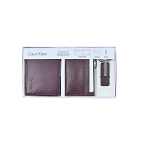 Calvin Klein深咖啡色防刮皮革雙折證件短夾/名片夾/鈔票夾三件式禮盒組 (展示品)