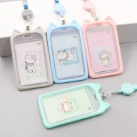 1Pcs Cute Cartoon Cat/Rabbit Card Holder Bank Identity Bus ID Card Sleeve Case with Retractable Reel Lanyard Credit Cover