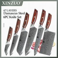 XINZUO 6 PCS Kitchen Knife Set Damascus Steel New Cleaver Meat Paring Utility Santoku Slicing Bread Chef Cooking Tools