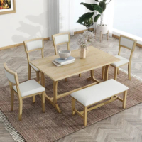 6-Piece Dining Table Set with Rectangular Tabletop Table,Upholstered Dining Chairs and Bench,Versatile Dining Table Set,Brown