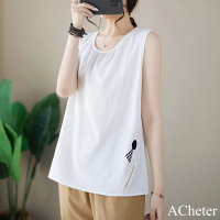 【ACheter】白色貼布細皺棉麻感圓領背心外穿寬鬆無袖中長版上衣#121833(白)