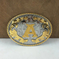 Buckleclub wholesale western flower letter A cowgboy jeans gift belt buckle FP-03702-A gold with silver FINISH 4cm width loop