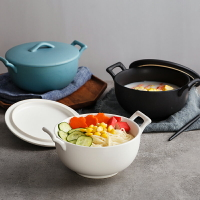 創意雙耳湯碗帶蓋子 家用大號陶瓷碗湯面碗餐具碗 黑白色陶瓷碗