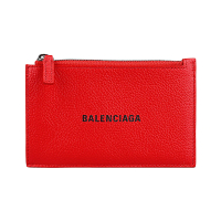 【Balenciaga 巴黎世家】BALENCIAGA燙印黑字LOGO小牛皮5卡拉鍊零錢卡夾包(紅)