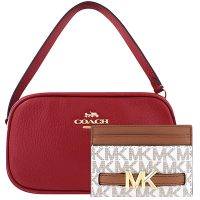 COACH 紅色JAMIE荔枝紋皮革手提包+MICHAEL KORS Reed 象牙白色LOGO PVC證件名片夾