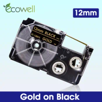 Ecowell 1Pcs XR-12BKG Compatible for Caiso XR12BKG XR 12BKG 12mm label tape Gold on Black for Casio KL-60SR KL-70e 60 printer