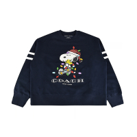 COACH Peanuts Snoopy字母LOGO史努比抱糊塗塌客纏繞聖誕燈設計棉圓領長袖T恤(女款/海軍藍)