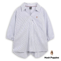 【Hush Puppies】女裝 襯衫 知性直條紋V領連袖襯衫(藍白條紋 / 43212106)