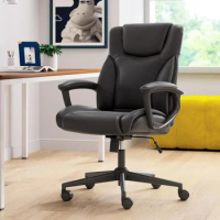 Office chair with lumbar support, ergonomic upholstered rotating game-friendly design, bonded leather, black