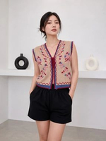 Rompi Rajut Motif Bunga Korean Style / Outer Vest Wanita Rajut Premium Tali Satu Cream - Denim