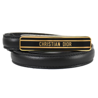 【Dior 迪奧】Christian Dior 品牌金屬LOGO釦飾超窄版扣式時尚皮帶(黑)