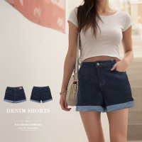 捲邊褲管牛仔短褲 顯瘦涼爽丹寧短褲 中腰彈性牛仔褲 素面牛仔短褲 Cuffed Denim Shorts Mid-Rise Skinny Stretch Jeans Shorts Cool And Slimming Jean Shorts (010-9506-31)深牛仔 M L XL 2L 3L (腰圍:71~94公分 / 28~37英吋) 女 [實體店面保障] sun-e
