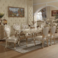 European-style Marble Dining Table and Chair Combination Champagne Rectangular Dining Table Solid Wood Carved Dining Chairs