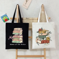 Books and Flower Print Handbag Women Casual Canvas Portable Shoulder Bag "women of The Bible" Pattern Shopping Reusable Tote Bag