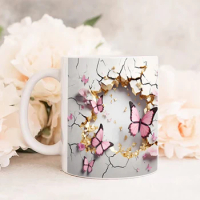 3D Crack In A Wall Butterfly Mug Wrap,Flower Tea Cup Mugs,Ceramic Sublimation Coffee Mugs, 330ML