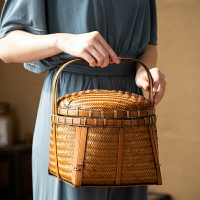 竹編食盒中式仿古家用帶蓋手工竹編織竹籃竹筐野餐手提籃大號復古