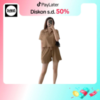 DIANS - Setelan Wanita Crop Top One Set Lengan Pendek Setelan Jumbo Atasan dan Bawahan Linen Celana 