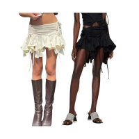 Skirt Tidak Teratur, untuk Wanita, Warna Hitam Pejal dan Beige, Tali Serut Ikat, Ruffles Ruched, Ski