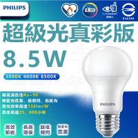 【Philips 飛利浦】12入組 8.5W LED 超級光 真彩版 球泡燈 燈泡(白光/中性光/黃光)