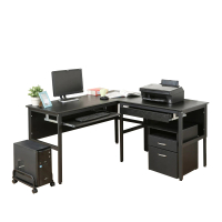 【DFhouse】頂楓150+90公分大L型工作桌+1抽屜+1鍵盤+主機架+活動櫃-黑橡木色