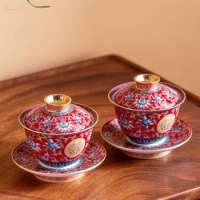 Chinese Wedding Tea Set Enamel Color Ceramic Gaiwan Handmade Beauty Teacup Custom Teaware Gift Exquisite Portable Tea Bowl