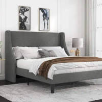 Allewie Queen Bed Frame Platform Bed Frame Queen Size with Upholstered Wood Slat Support Mattress Foundation Light Grey
