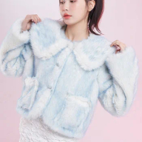 Kawai Faux Fur Coat for Women Short Jacket Turn-Down Sweet Eco Fur Coat Artificial Fur Jacket Korean Fashion New 2023