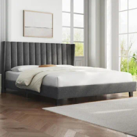 King size bed frame cushion platform with fabric headboard, wing edge design/anti slip and noise free, dark gray king size bed