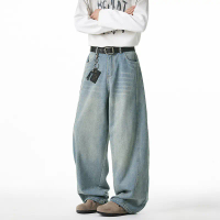 Loose Fit Washed Jeans for Men Spring Summer Side Split Design Carrot Pants American Retro Long Trou