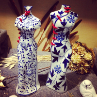 手繪旗袍花瓶 純手工中式古典禪創意女人瓷器青花瓷擺件禮品花器1入