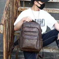 2023 men's Korean version PU leather student backpack multifunctional waterproof backpack