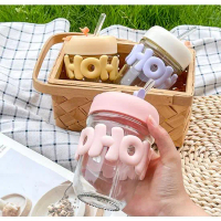 พร้อมส่ง-COD  YIWUSHOP ปลีก/ส่ง แก้วกาแฟ ใส่น้ำ พร้อมหลอดแก้ว หูหิ้วสร้อยไข่มุก 350ML