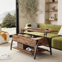 Lift Top Coffee Table with Storage 42" Industrial Mesh Shelve Space-Saver Table Wooden Rising Tabletop Oval Center Table