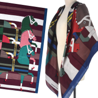 HERMES Rocabar駿馬圖喀什米爾羊毛混絲方型大披肩圍巾-紅棕色/藍色