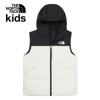 【The North Face 官方旗艦】北面兒童米白色DWR防潑水兩面穿連帽羽絨背心｜89XRROU